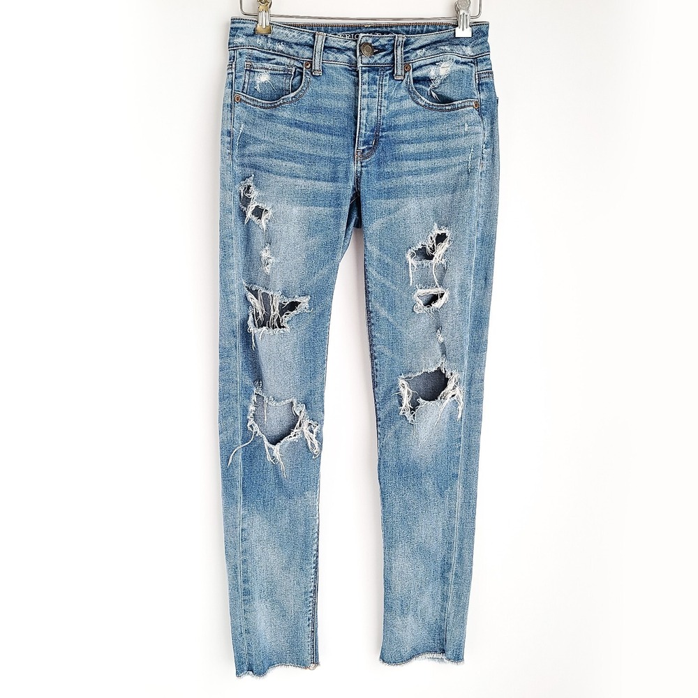 American Eagle Tom Girl Distressed Jeans 0 Regular Stretch Fringe Raw Hem Blue